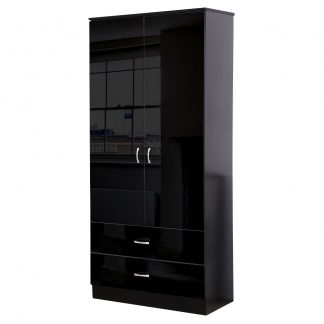 Chilton 2 Door Combination Black Gloss Wardrobe With 2 Drawers