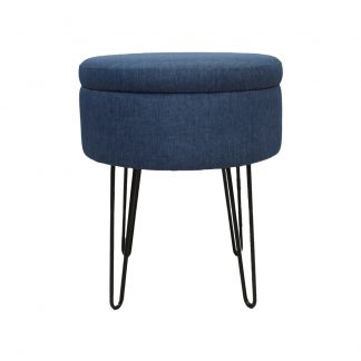 Ottoman Round Storage Footstool In Blue Linen Fabric